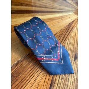 Hardy Amies London Silk Necktie Mens Blue Red Chain Equestrian Pattern